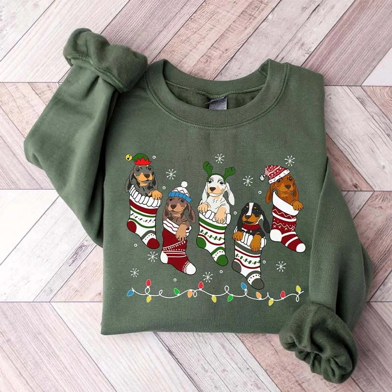 tweed-burlap sweatshirts luxe -Dachshund Christmas Sweatshirt