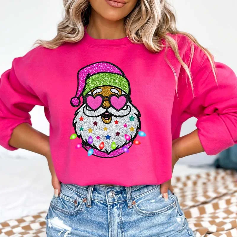 short sweatshirts desert layer -Trendy Pink Santa With Sunglasses Printed Sweatshirt