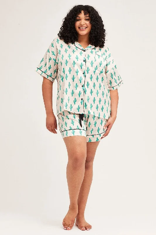 celery flare skirts -Print Pyjamas Set Short Sleeve Collared Shorts Satin