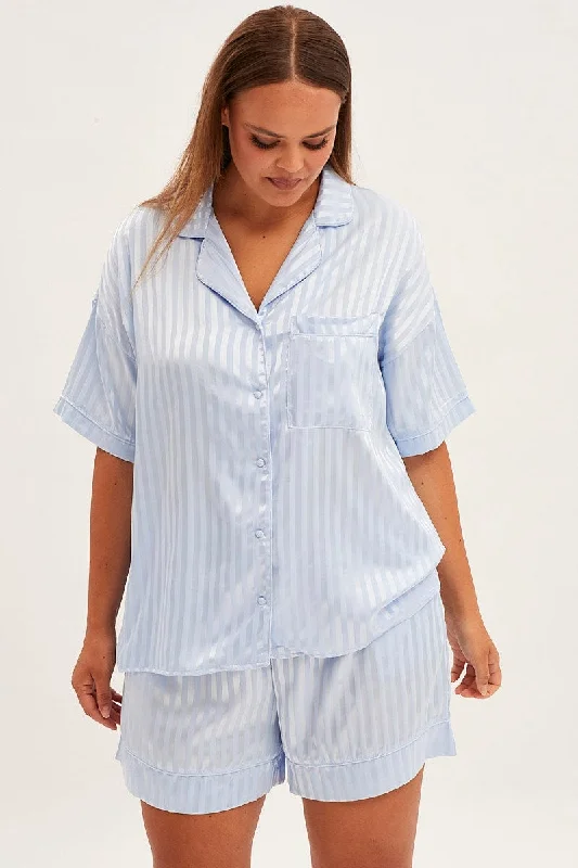 daily rest skirts -Blue Stripe Pyjamas Set Short Sleeve Collared Shorts Satin