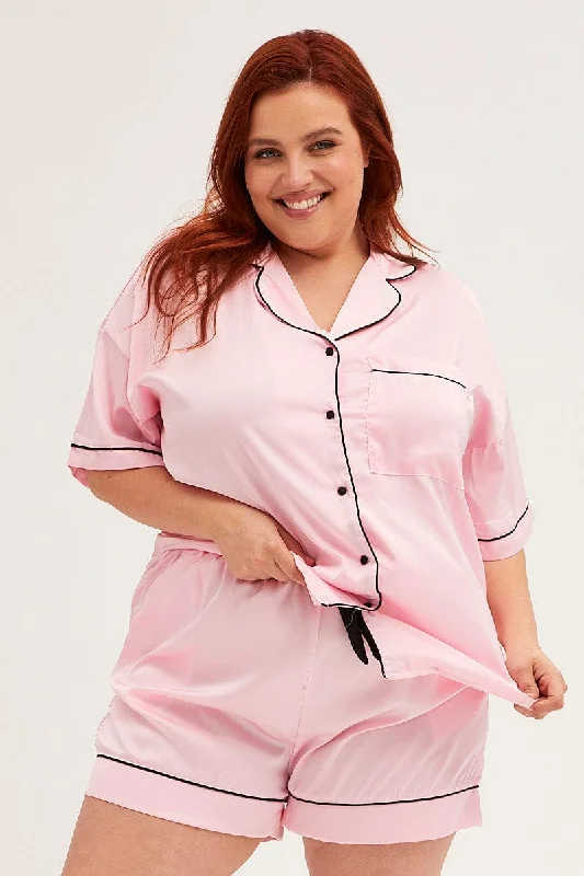 pine active skirts -Pink Pyjamas Set Short Sleeve Collared Shorts Satin