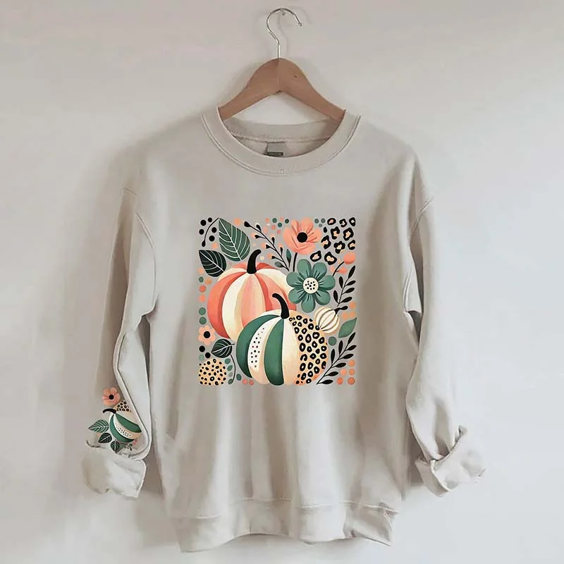 sweatshirts with vented cuffs -Leopard Pumpkin Boho Fall Sweatshirt