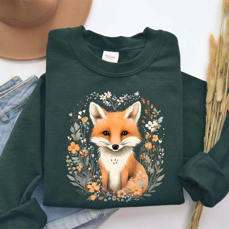 clove sweatshirts rich glow -Cute Floral Fox Lover Sweatshirt