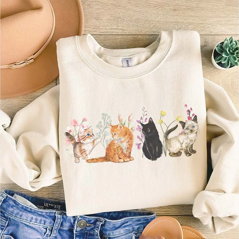 short sweatshirts urban stroll -Floral Vintage Kittens and Pressed Flower Sweatshirt