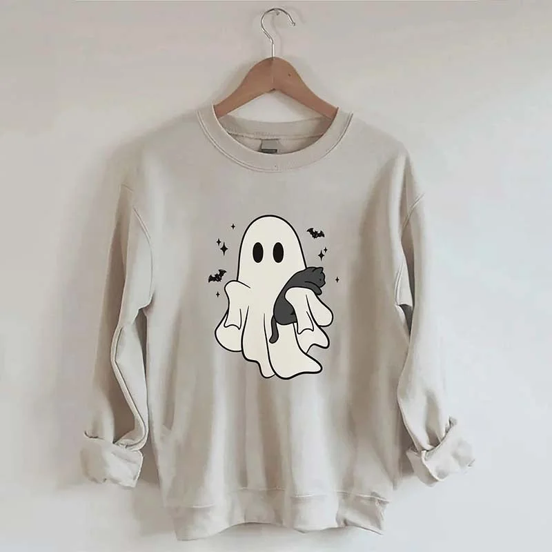 sweatshirts with spliced hem -Cute Ghost Black Cats Halloween Sweatshirt