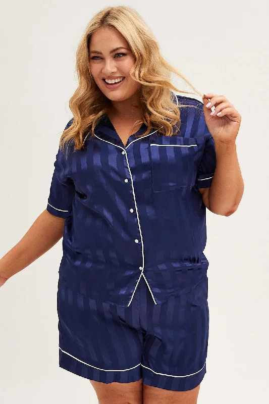 cumin striking skirts -Blue Stripe Pyjamas Set Short Sleeve Collared Shorts Satin