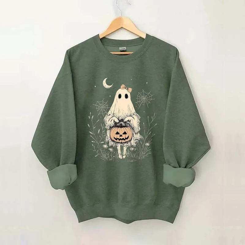 sweatshirts with spliced cuffs -Halloween Lace Ghost Moon Sweatshirt