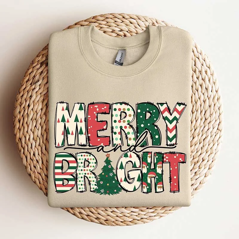 sweatshirts with bead patches -Merry and Bright Family Christmas Sweatshirt