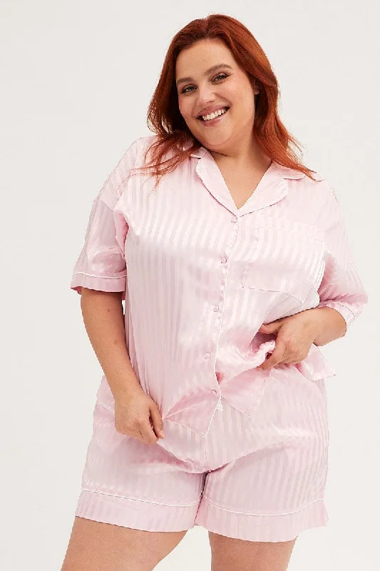 swift-flow skirts -Pink Stripe Pyjamas Set Short Sleeve Collared Shorts Satin