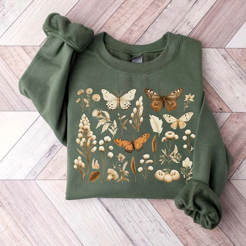 velvet-canvas sweatshirts plush -Moth Insect Fall Wildflowers Sweatshirt