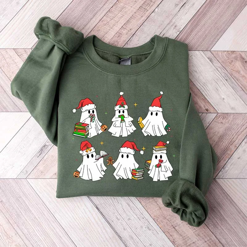 sweatshirts women misty sage -Christmas Ghost Book Lover Sweatshirt