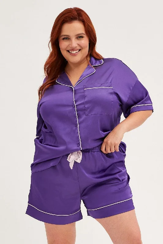 tribal edge skirts -Purple Pyjamas Set Short Sleeve Collared Shorts Satin