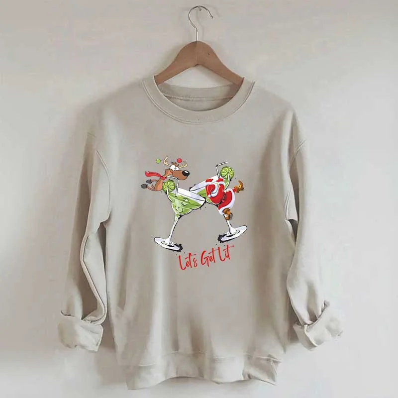 sweatshirts women soft cedar -Party Santa & Reindeer Let's Get Lit Sweatshirt