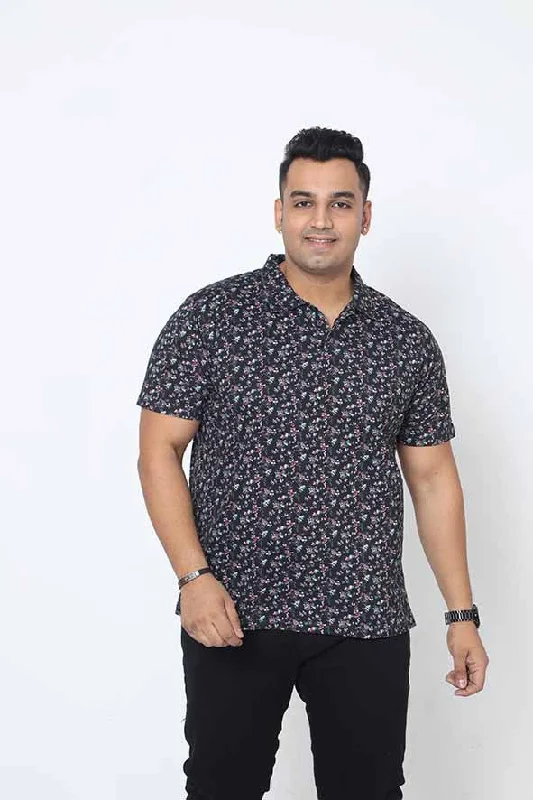 pocket vivid t-shirts -Men Plus Size Black Floral Printed Polo Collar T-shirt