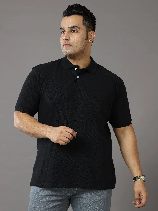 wave vivid t-shirts -Black Solid Polo Collar Pure Cotton T-SHIRT Men's Plus Size