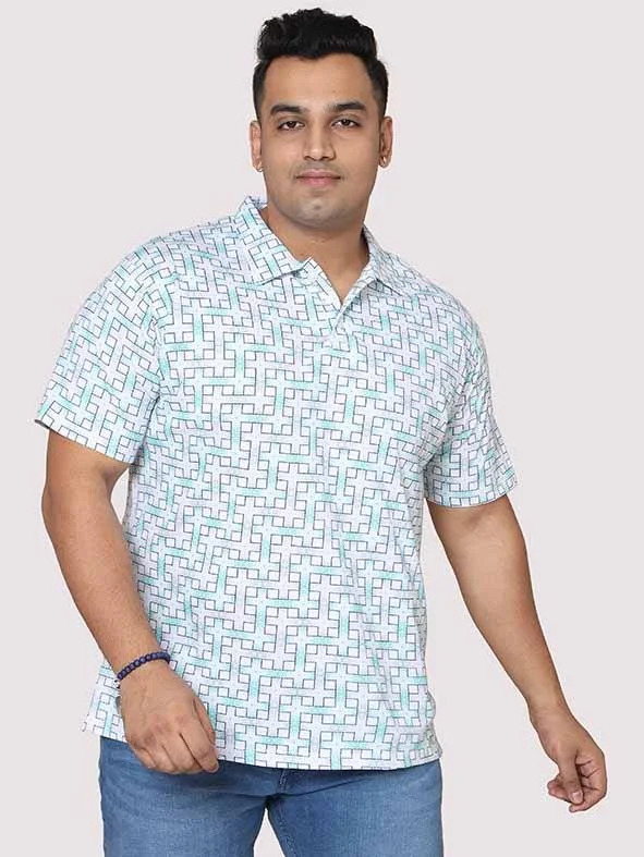 chevron flare t-shirts -Men Plus Size  White Grey Connecting Checks  Digital Printed Polo Collar T-shirt