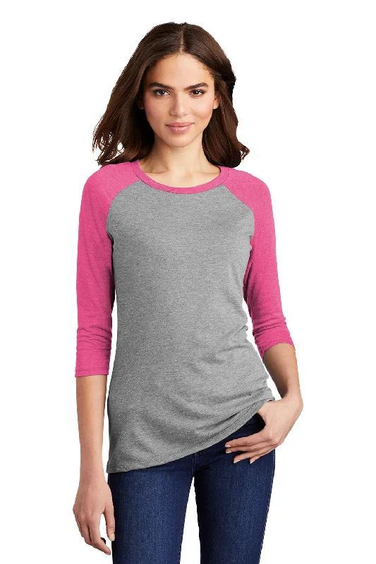 tie vivid t-shirts -District Womens Perfect Tri 3/4 Sleeve Crewneck T-Shirt - Grey Frost/Fuchsia Pink