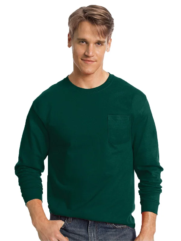 fluid edge t-shirts -Hanes Tagless Long Sleeve Pocket T-Shirt | Charcoal Heather