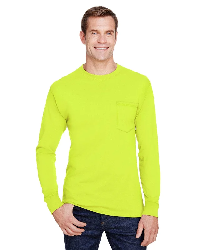 squad striking t-shirts -Hanes Workwear Long Sleeve Pocket T-Shirt | Safety Green