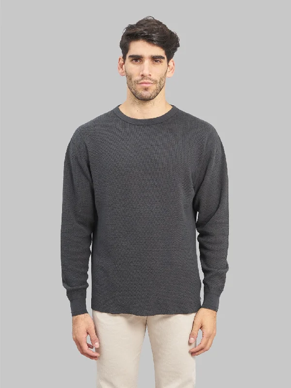 long cozy t-shirts -Loop & Weft Double Face Hex Honeycomb Crewneck Thermal Antique Black