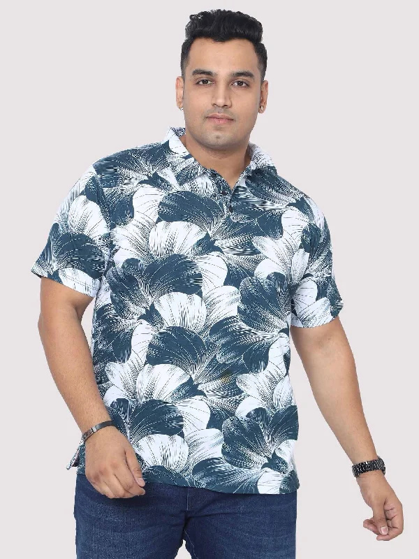 form flare t-shirts -Men Plus Size Big Grey Flower Digital Printed Polo Collar T-shirt