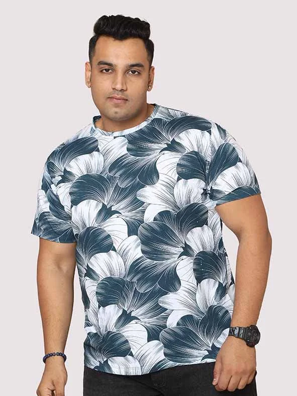 plus burst t-shirts -Men Plus Size Big Grey Flower Digital Printed Round Neck T-Shirt