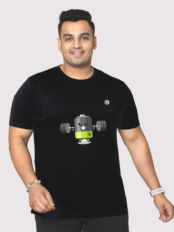 chalk trim t-shirts -Men Plus Size Black Battery Cartoon Printed Round Neck T-Shirt