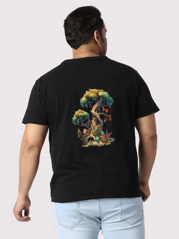 soft curve t-shirts -Men Plus Size Black Bonsai Tree Printed Round Neck T-Shirt.