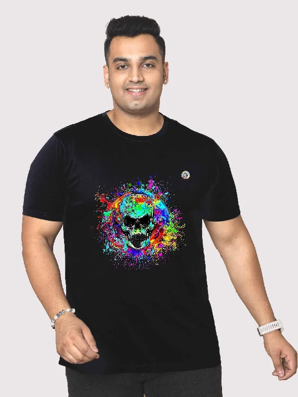 curved trim t-shirts -Men Plus Size Black Colorful Skull Printed Round Neck T-Shirt