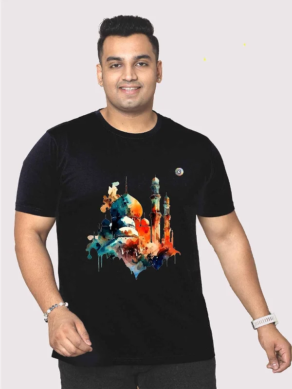 scarlet vivid t-shirts -Men Plus Size Black Mosque Printed Round Neck T-Shirt