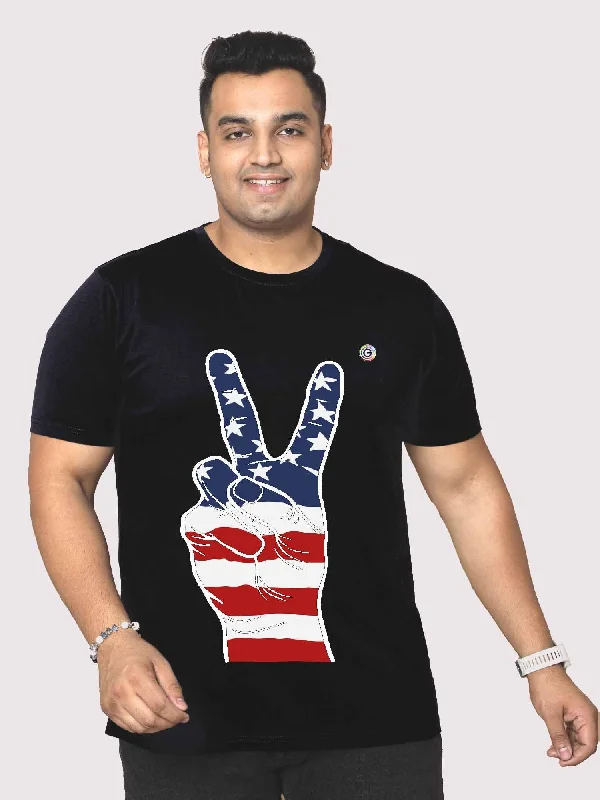 maternity comfy t-shirts -Men Plus Size Black Peace Sign Hand American Flag Round Neck T-Shirt