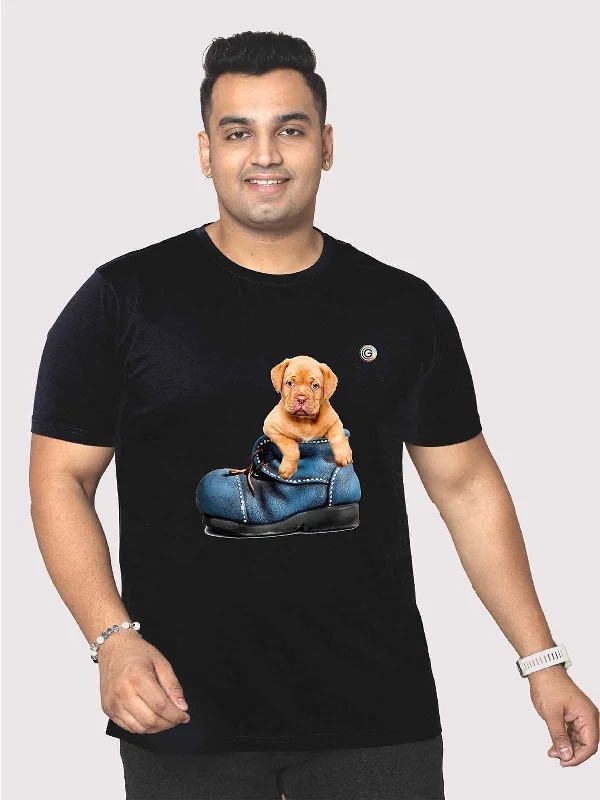 plus trim t-shirts -Men Plus Size Black Puppy in a Shoe Printed Round Neck T-Shirt