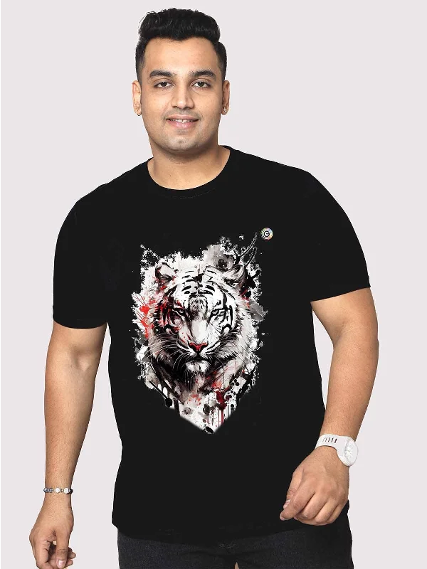 custom badge t-shirts -Men Plus Size Black Tiger Head Printed Round Neck T-Shirt