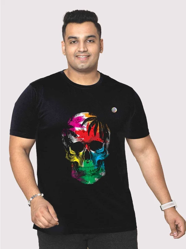 wave calm t-shirts -Men Plus Size Black Tropical Skull Printed Round Neck T-Shirt