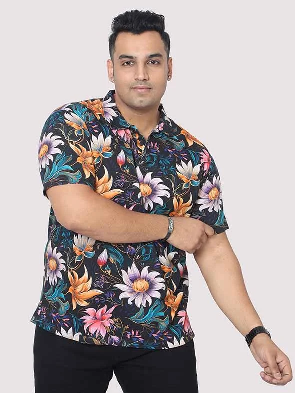 arctic subtle t-shirts -Men Plus Size Blue Floral Digital Printed Polo Collar T-shirt