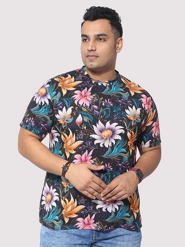 chalk bold t-shirts -Men Plus Size Blue Floral Digital Printed Round Neck T-Shirt