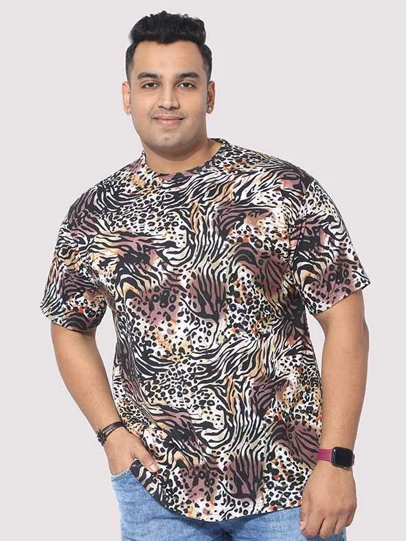 petite flare t-shirts -Men Plus Size Cheetah Pattern Digital Printed Round Neck T-Shirt