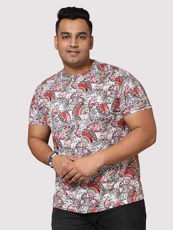 flare gym t-shirts -Men Plus Size Ethnic Red Digital Printed Round Neck T-Shirt