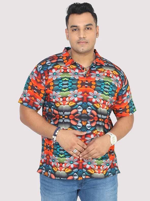 duo vivid t-shirts -Men Plus Size Flower Mirror Digital Printed Polo Collar T-shirt