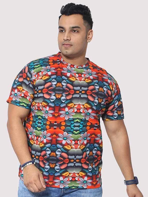 chevron dash t-shirts -Men Plus Size Flower Mirror Digital Printed Round Neck T-Shirt