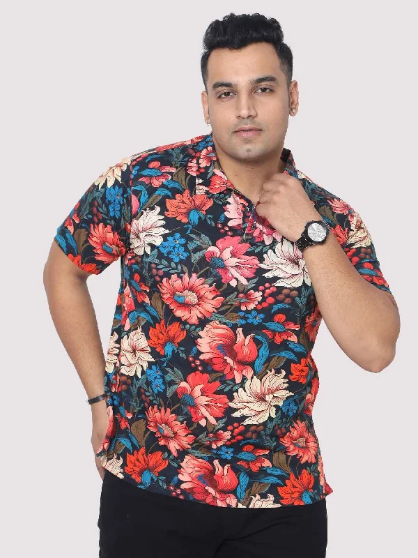 pine sleek t-shirts -Men Plus Size Red Floral Digital Printed Polo Collar T-shirt