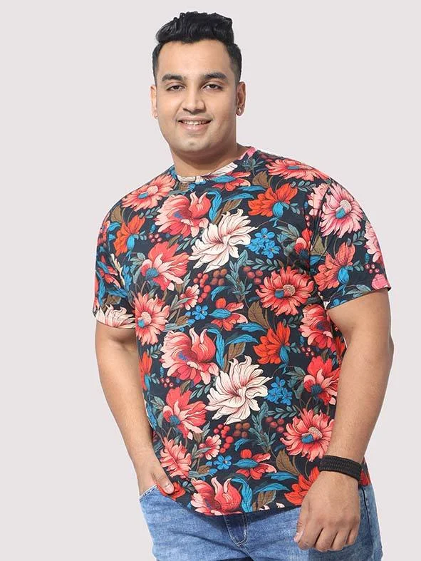 men’s hardy t-shirts -Men Plus Size Red Floral Digital Printed Round Neck T-Shirt