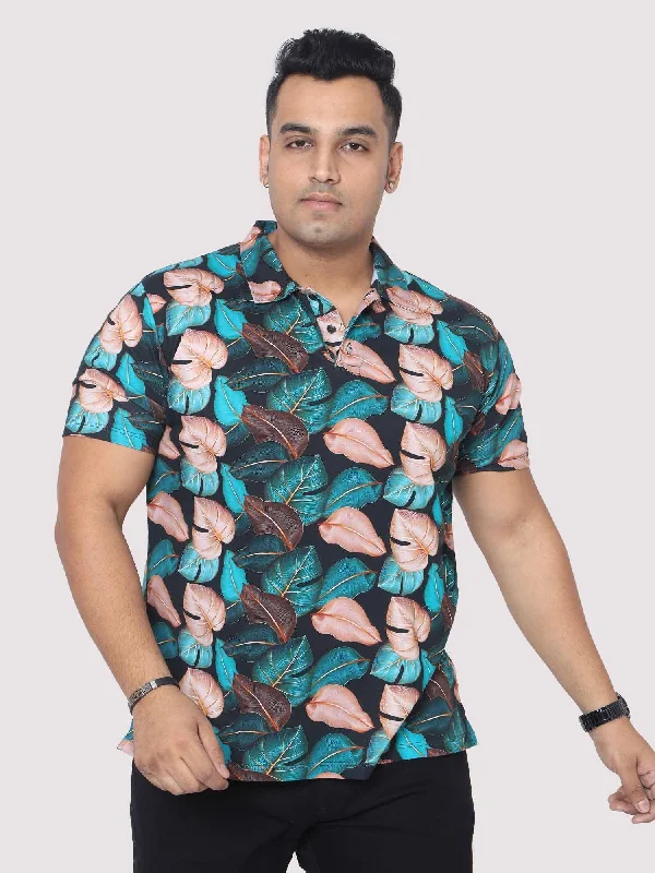 coral trim t-shirts -Men Plus Size Tropical Leaf Digital Printed Polo Collar T-shirt