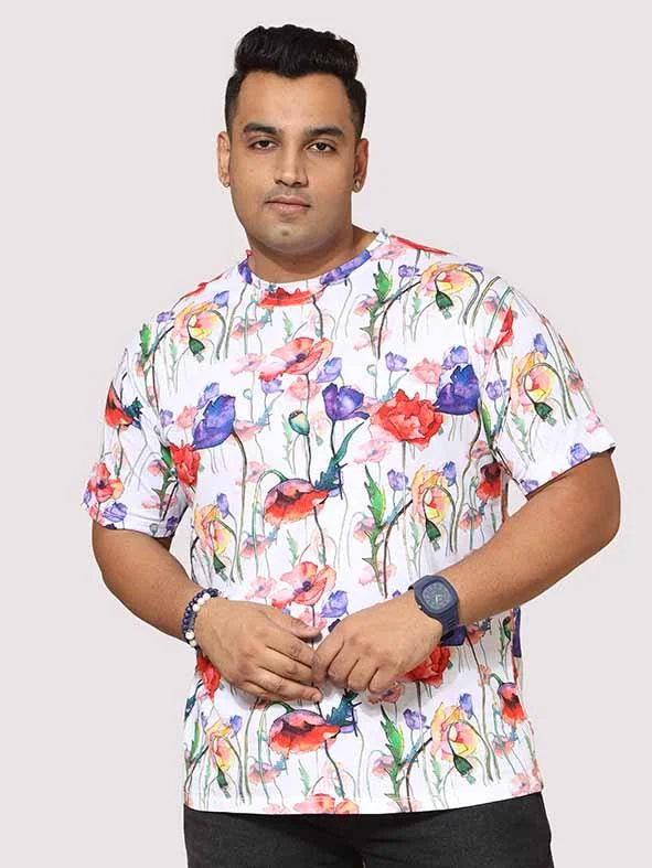 coral striking t-shirts -Men Plus Size Watercolour Flower Digital Printed Round Neck T-Shirt