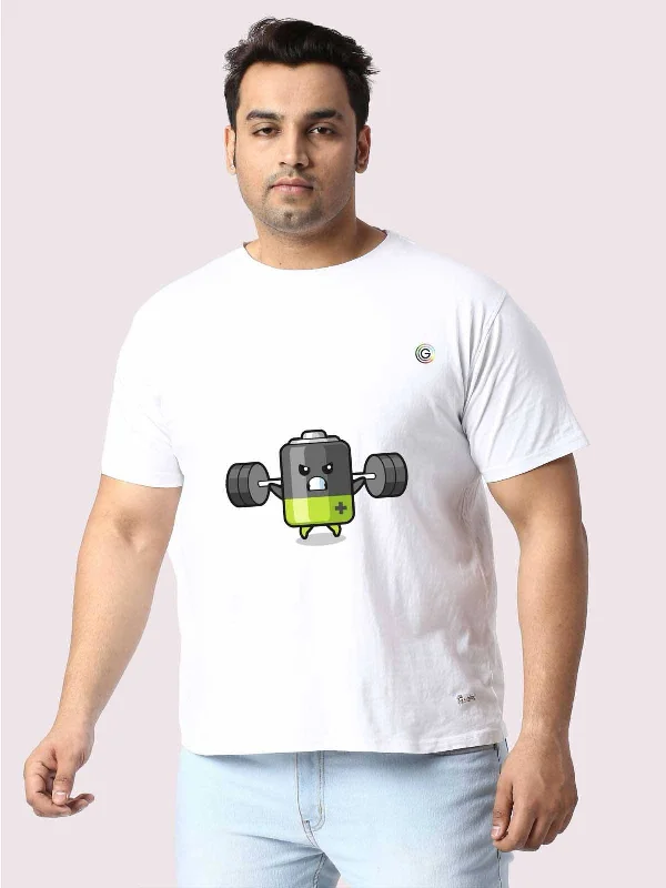 run cozy t-shirts -Men Plus Size White Battery Cartoon Printed Round Neck T-Shirt