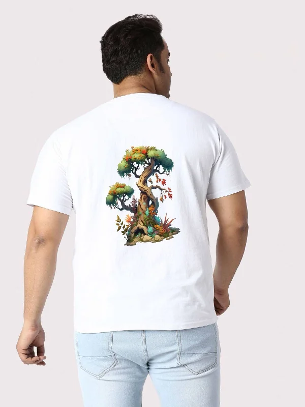 petite snug t-shirts -Men Plus Size White Bonsai Tree Printed Round Neck T-Shirt