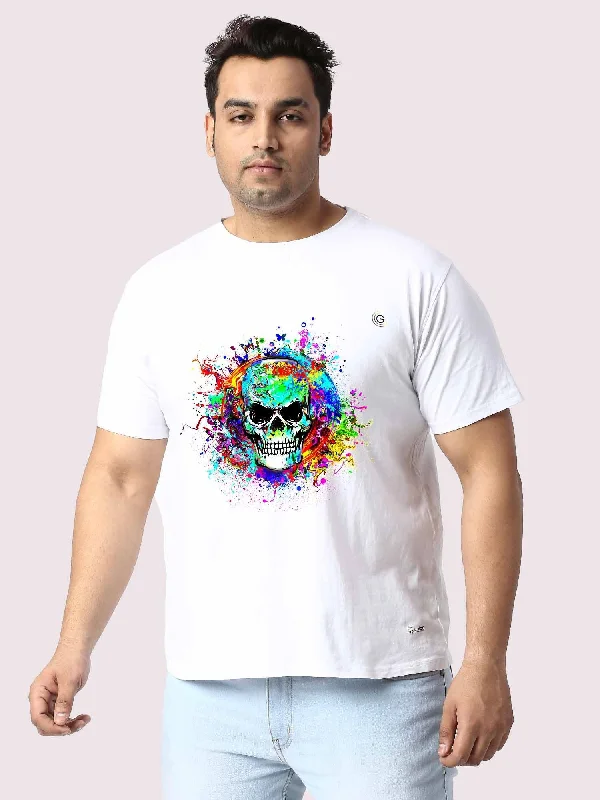 sharp mesh t-shirts -Men Plus Size White Colorful Skull Printed Round Neck T-Shirt