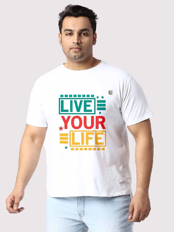 khaki shine t-shirts -Men Plus Size White Live Your Life Printed Round Neck T-Shirt