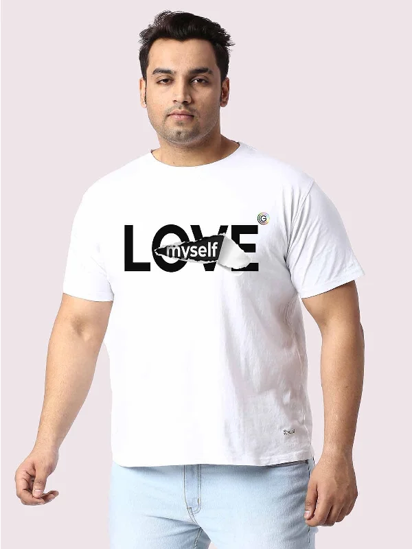 ombre cozy t-shirts -Men Plus Size White Love My Self Printed Round Neck T-Shirt.