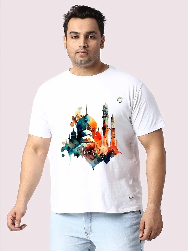 mint striking t-shirts -Men Plus Size White Mosque Printed Round Neck T-Shirt